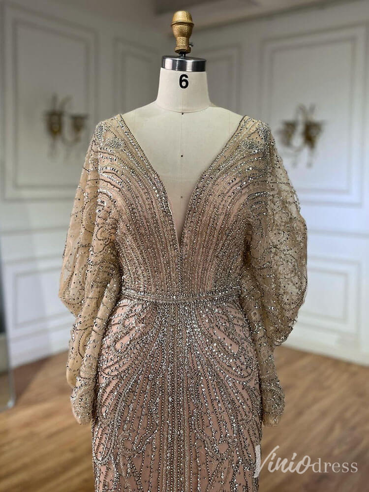 Beaded Mermaid Batwing Sleeve Prom Dresses V-Neck Pageant Dress 20217-Evening Dresses 2025 -Viniodress-Champagne-US 2-