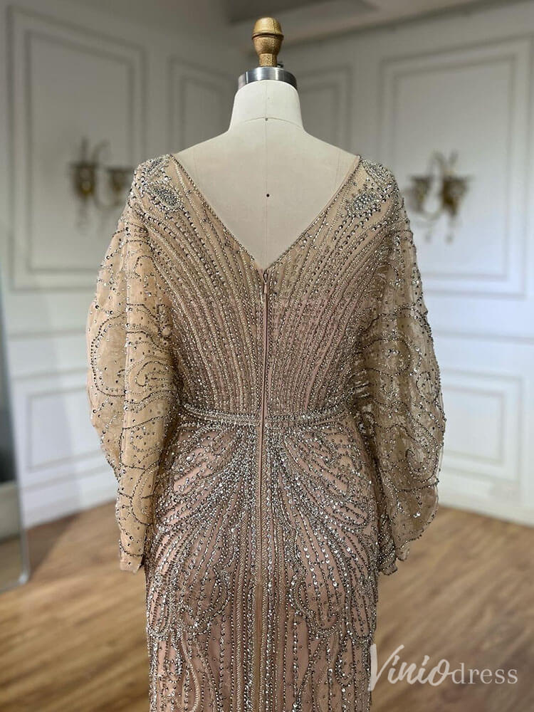 Beaded Mermaid Batwing Sleeve Prom Dresses V-Neck Pageant Dress 20217-Evening Dresses 2025 -Viniodress-Champagne-US 2-