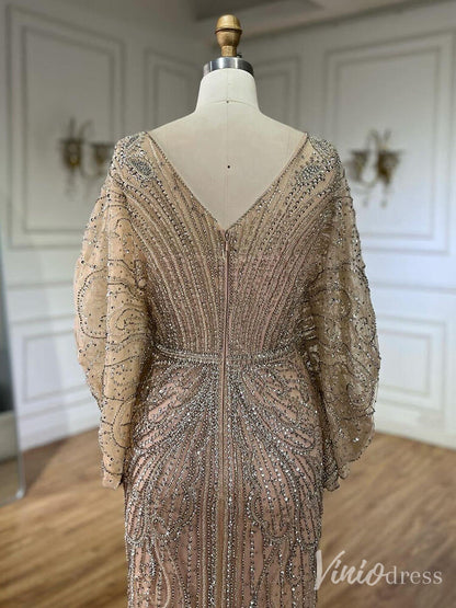 Beaded Mermaid Batwing Sleeve Prom Dresses V-Neck Pageant Dress 20217-Evening Dresses 2025 -Viniodress-Champagne-US 2-