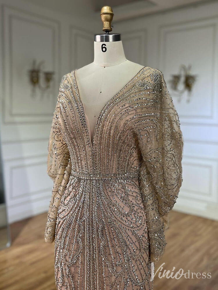 Beaded Mermaid Batwing Sleeve Prom Dresses V-Neck Pageant Dress 20217-Evening Dresses 2025 -Viniodress-Champagne-US 2-