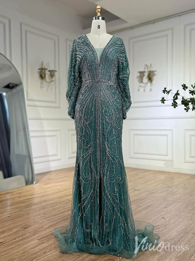 Beaded Mermaid Batwing Sleeve Prom Dresses V-Neck Pageant Dress 20217-Evening Dresses 2025 -Viniodress-Dark Green-US 2-