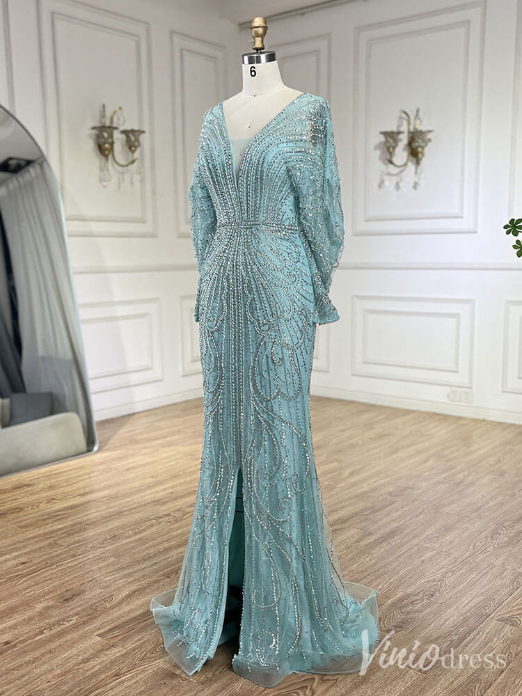 Beaded Mermaid Batwing Sleeve Prom Dresses V-Neck Pageant Dress 20217-Evening Dresses 2025 -Viniodress-Green-US 2-