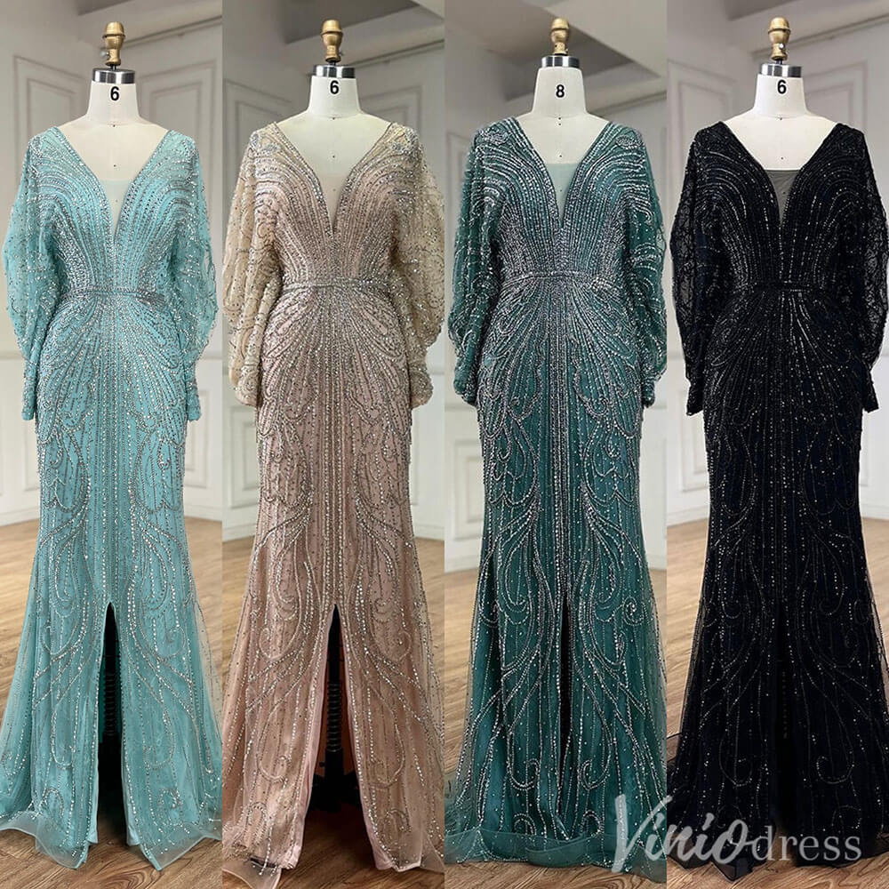 Beaded Mermaid Batwing Sleeve Prom Dresses V-Neck Pageant Dress 20217-prom dresses-Viniodress-Viniodress