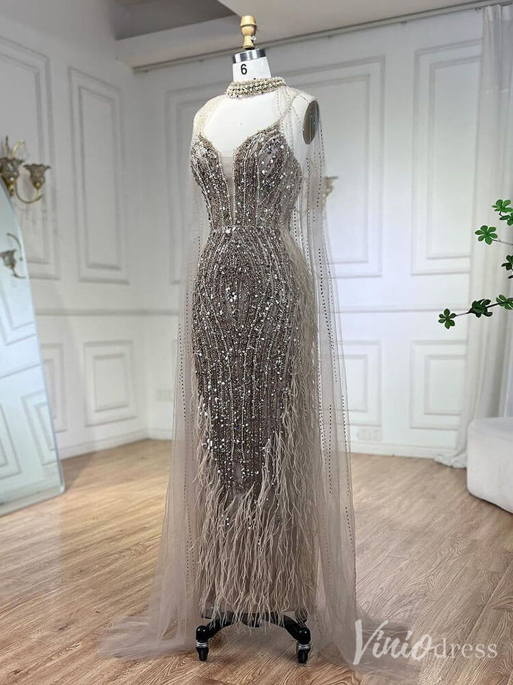 Beaded Mermaid Cape Sleeve Prom Dresses Feather Pageant Dress 20233-Evening Dresses 2025 -Viniodress-Light Blue-US 2-