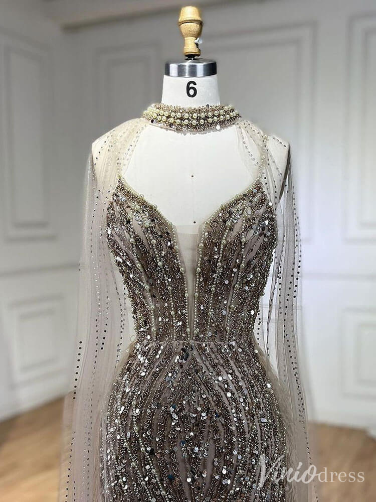 Beaded Mermaid Cape Sleeve Prom Dresses Feather Pageant Dress 20233-Evening Dresses 2025 -Viniodress-Light Blue-US 2-