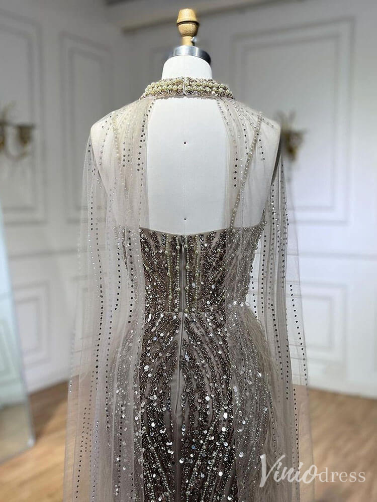 Beaded Mermaid Cape Sleeve Prom Dresses Feather Pageant Dress 20233-Evening Dresses 2025 -Viniodress-Light Blue-US 2-