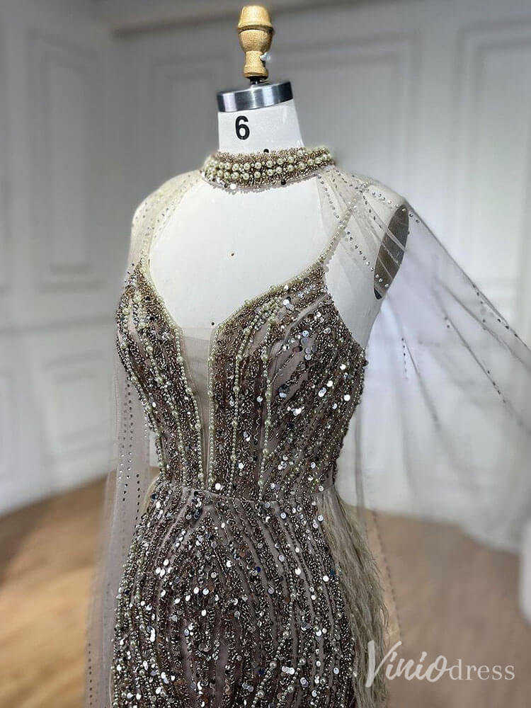 Beaded Mermaid Cape Sleeve Prom Dresses Feather Pageant Dress 20233-Evening Dresses 2025 -Viniodress-Light Blue-US 2-