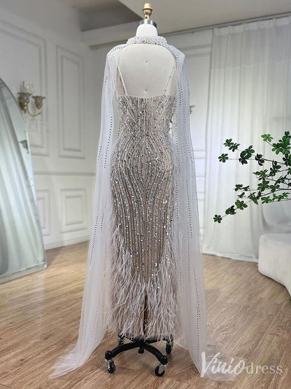 Beaded Mermaid Cape Sleeve Prom Dresses Feather Pageant Dress 20233-Evening Dresses 2025 -Viniodress-Light Blue-US 2-