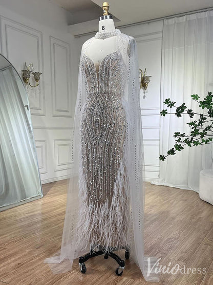 Beaded Mermaid Cape Sleeve Prom Dresses Feather Pageant Dress 20233-Evening Dresses 2025 -Viniodress-Light Blue-US 2-