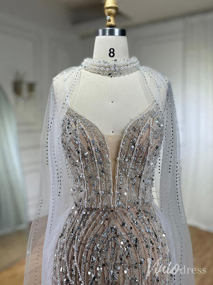 Beaded Mermaid Cape Sleeve Prom Dresses Feather Pageant Dress 20233-Evening Dresses 2025 -Viniodress-Light Blue-US 2-