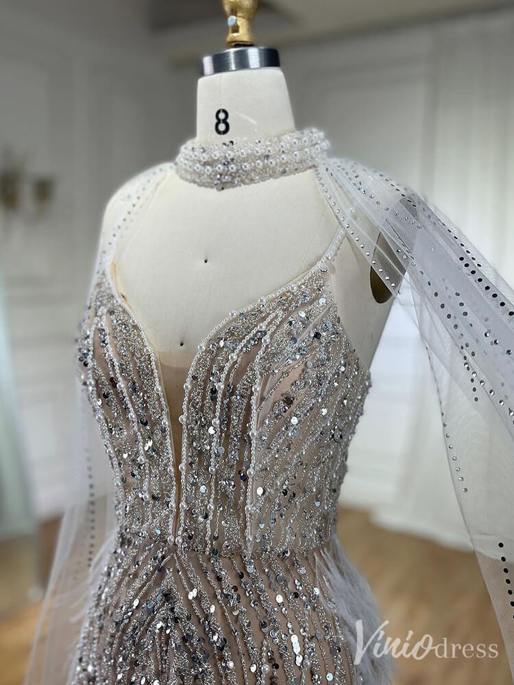 Beaded Mermaid Cape Sleeve Prom Dresses Feather Pageant Dress 20233-Evening Dresses 2025 -Viniodress-Light Blue-US 2-