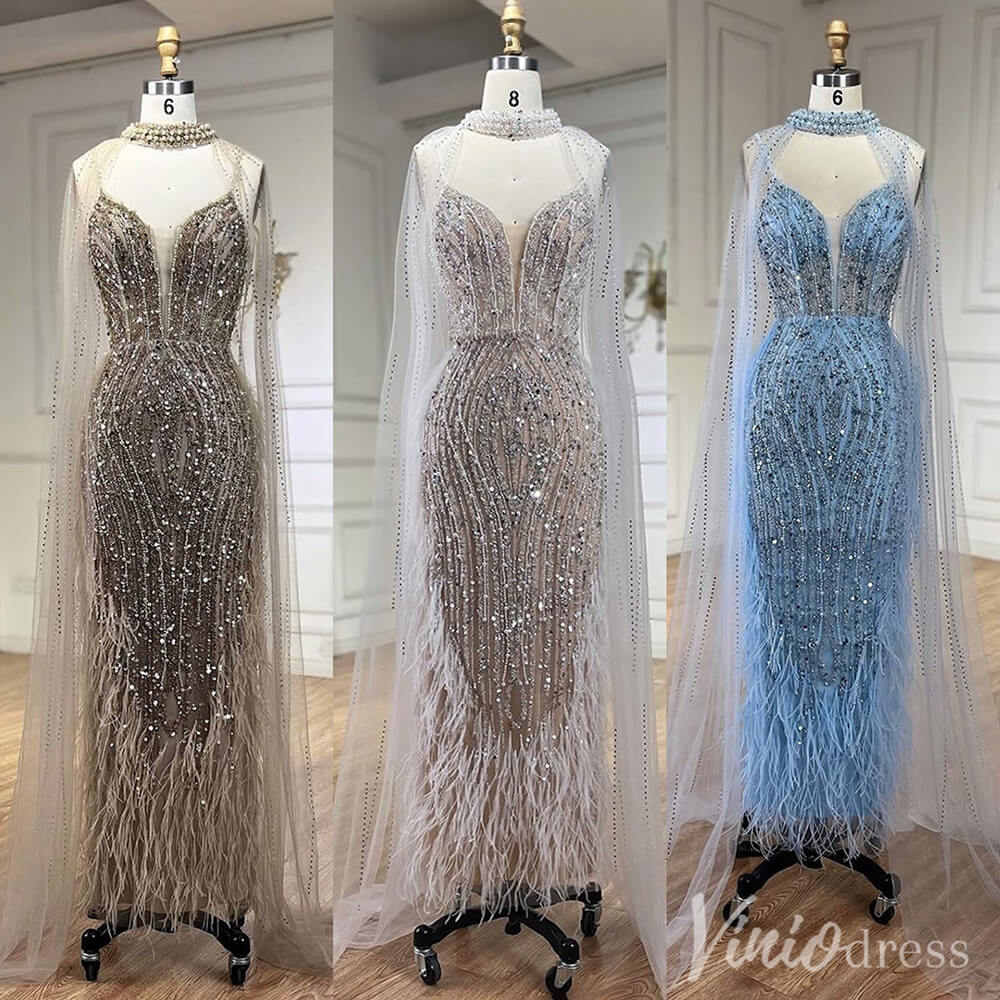 Beaded Mermaid Cape Sleeve Prom Dresses Feather Pageant Dress 20233-Evening Dresses 2025 -Viniodress-Light Blue-US 2-