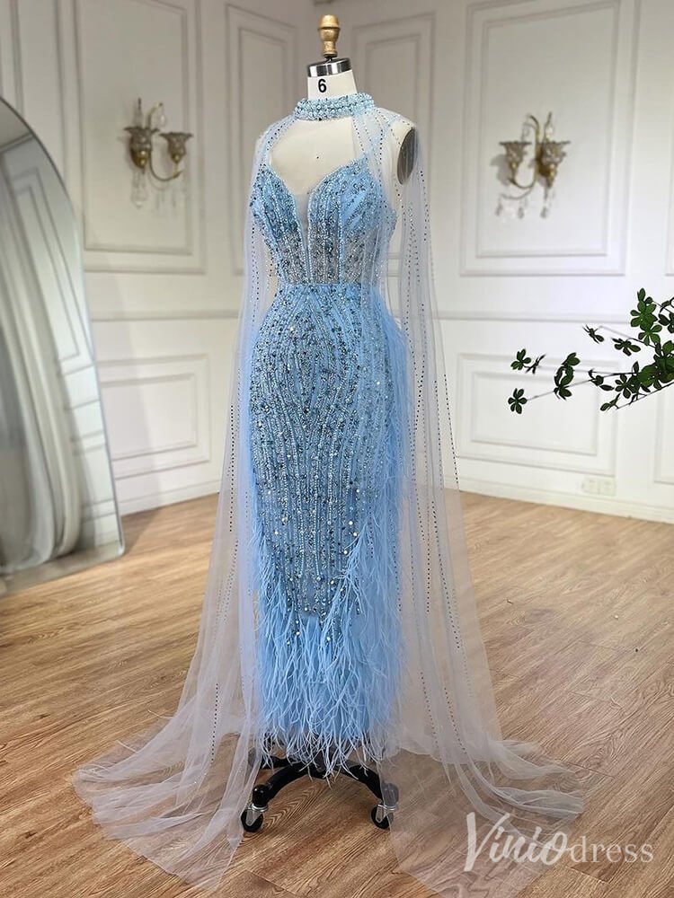 Beaded Mermaid Cape Sleeve Prom Dresses Feather Pageant Dress 20233-Evening Dresses 2025 -Viniodress-Light Blue-US 2-