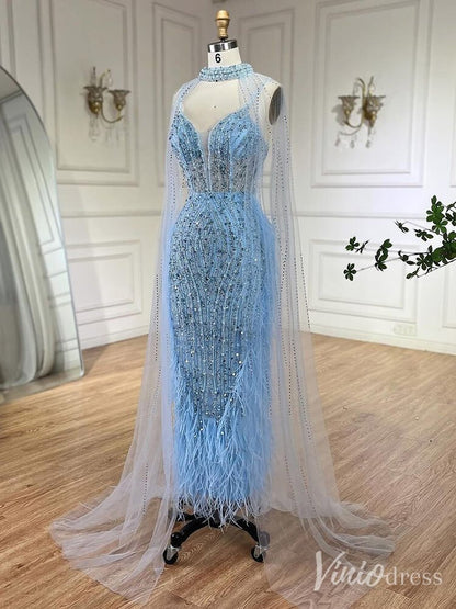 Beaded Mermaid Cape Sleeve Prom Dresses Feather Pageant Dress 20233-Evening Dresses 2025 -Viniodress-Light Blue-US 2-