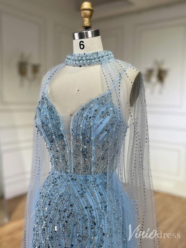 Beaded Mermaid Cape Sleeve Prom Dresses Feather Pageant Dress 20233-Evening Dresses 2025 -Viniodress-Light Blue-US 2-