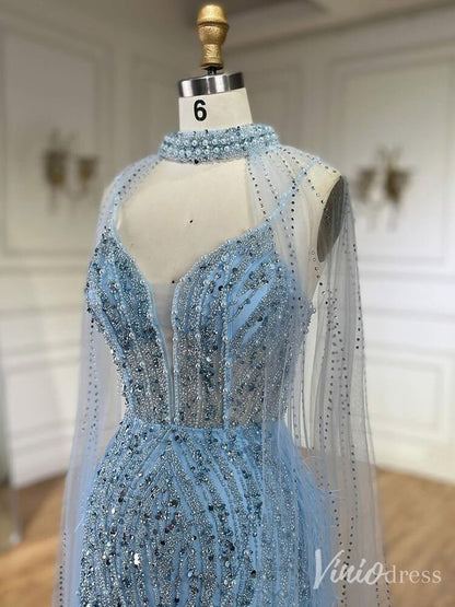Beaded Mermaid Cape Sleeve Prom Dresses Feather Pageant Dress 20233-Evening Dresses 2025 -Viniodress-Light Blue-US 2-