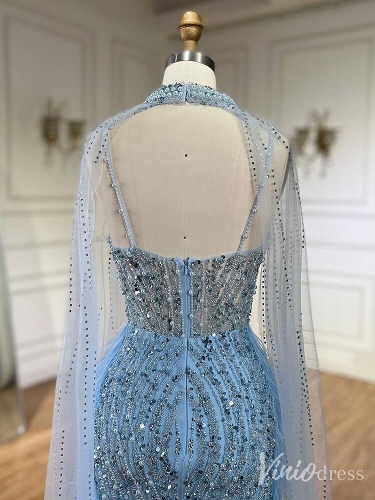Beaded Mermaid Cape Sleeve Prom Dresses Feather Pageant Dress 20233-Evening Dresses 2025 -Viniodress-Light Blue-US 2-
