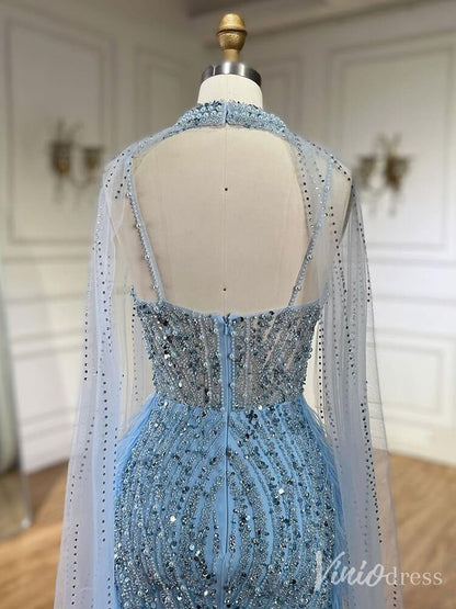 Beaded Mermaid Cape Sleeve Prom Dresses Feather Pageant Dress 20233-Evening Dresses 2025 -Viniodress-Light Blue-US 2-