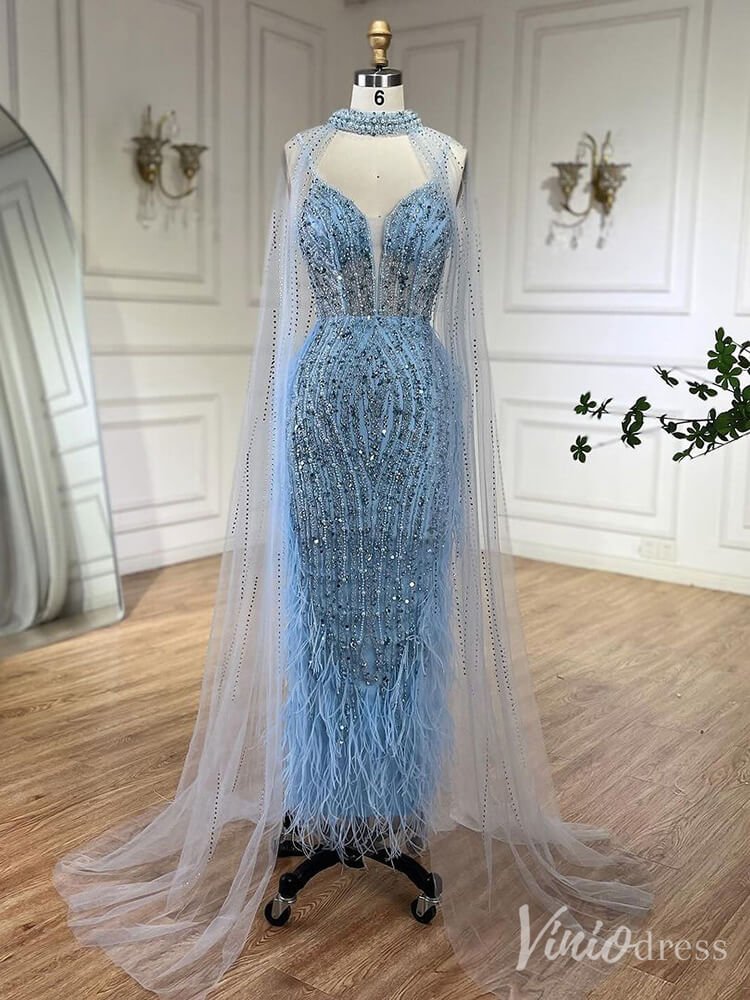 Beaded Mermaid Cape Sleeve Prom Dresses Feather Pageant Dress 20233-Evening Dresses 2025 -Viniodress-Light Blue-US 2-