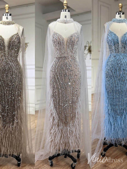 Beaded Mermaid Cape Sleeve Prom Dresses Feather Pageant Dress 20233-Evening Dresses 2025 -Viniodress-Light Blue-US 2-