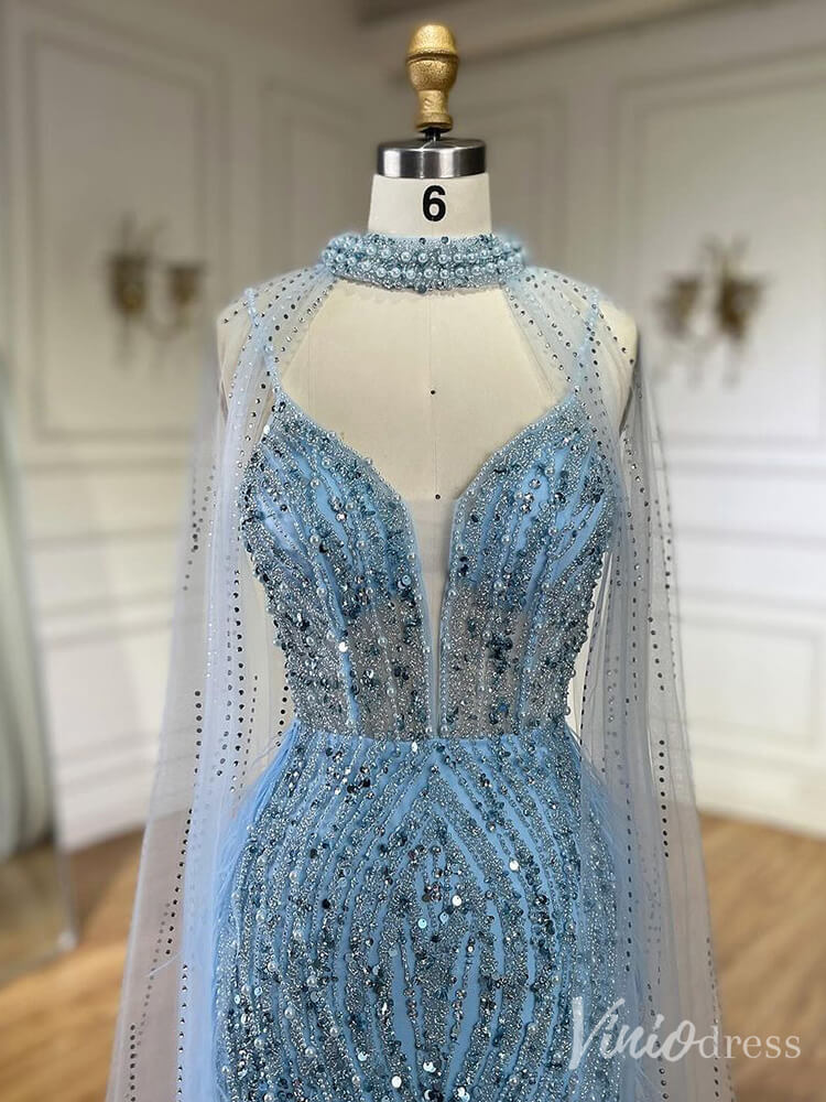 Beaded Mermaid Cape Sleeve Prom Dresses Feather Pageant Dress 20233-Evening Dresses 2025 -Viniodress-Light Blue-US 2-
