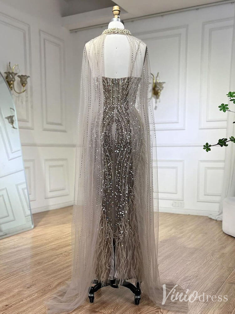 Beaded Mermaid Cape Sleeve Prom Dresses Feather Pageant Dress 20233 - ViniodressEvening DressesKhakiUS 2 - Formal Dresses - Ball Gowns