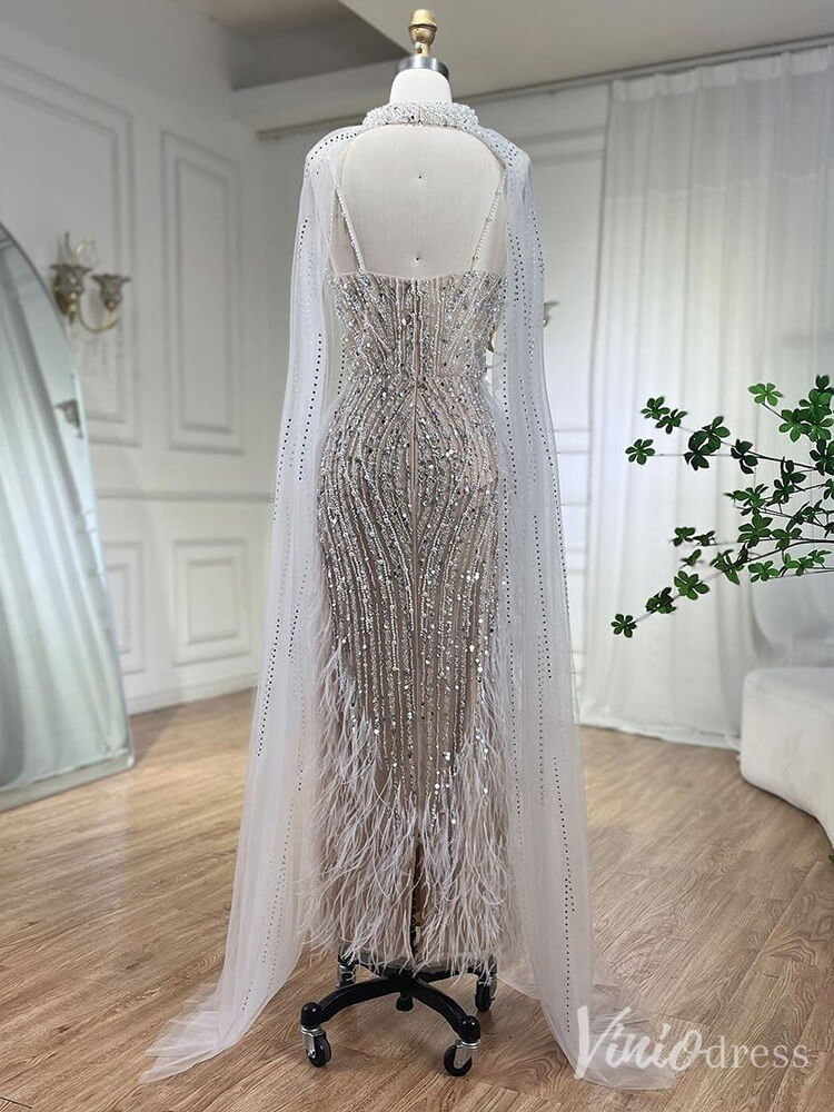 Beaded Mermaid Cape Sleeve Prom Dresses Feather Pageant Dress 20233 - ViniodressEvening DressesIvoryUS 2 - Formal Dresses - Ball Gowns