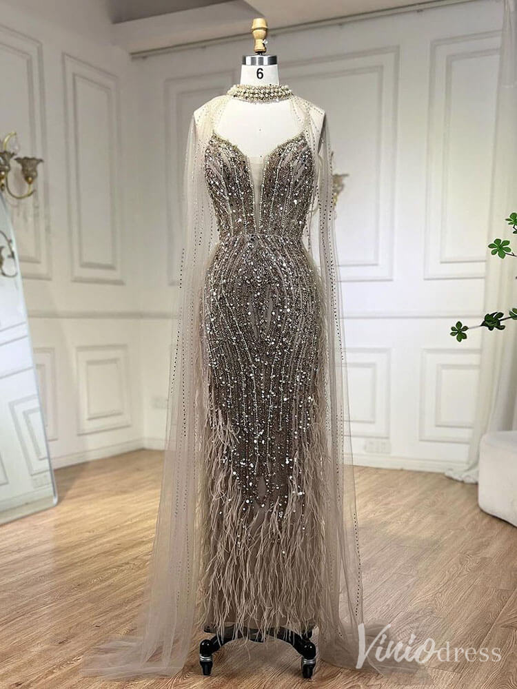 Prom Dress 2025 Beaded Mermaid Cape Sleeve Prom Dresses Feather Pageant Dress 20233-unique prom dresses-Khaki-US 2-Viniodress