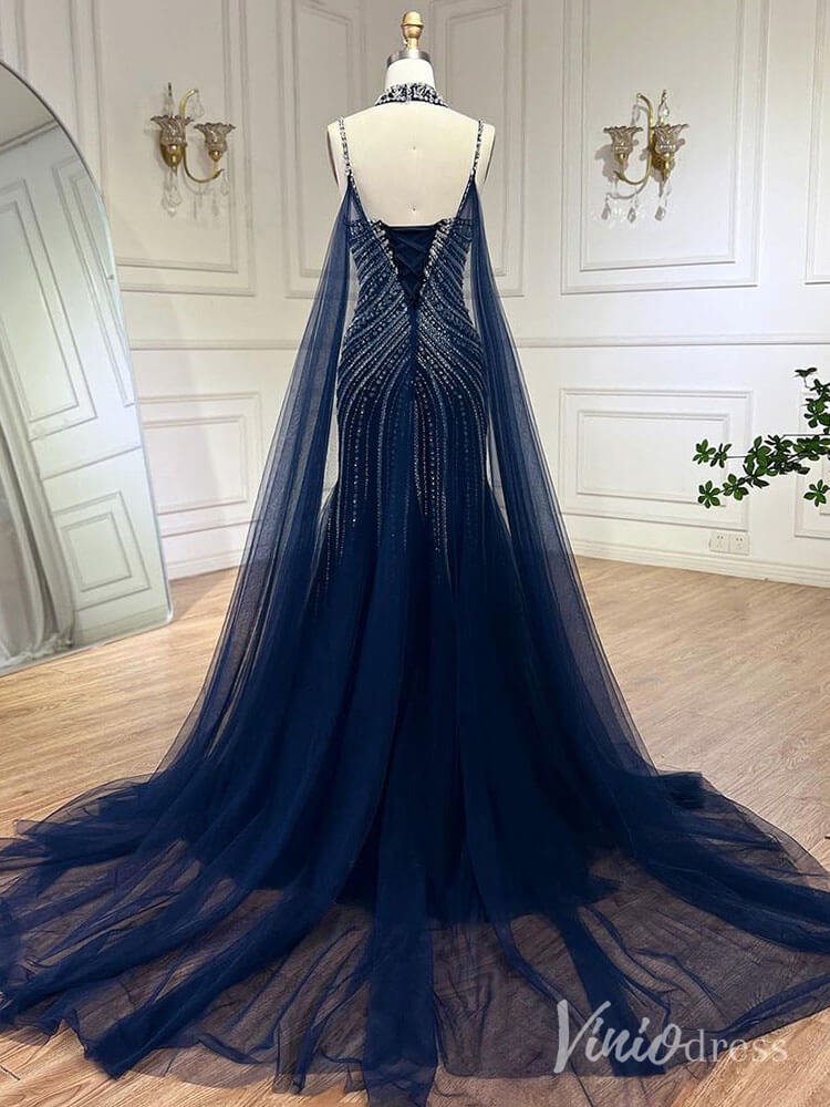 Beaded Mermaid Cape Sleeve Prom Dresses Spaghetti Strap Pageant Dress AD1250-prom dresses-Viniodress-Viniodress