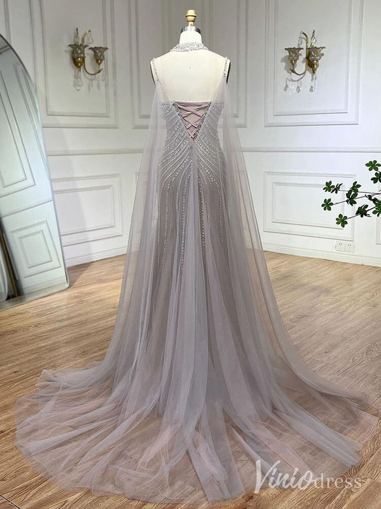 Beaded Mermaid Cape Sleeve Prom Dresses Spaghetti Strap Pageant Dress AD1250-prom dresses-Viniodress-Viniodress