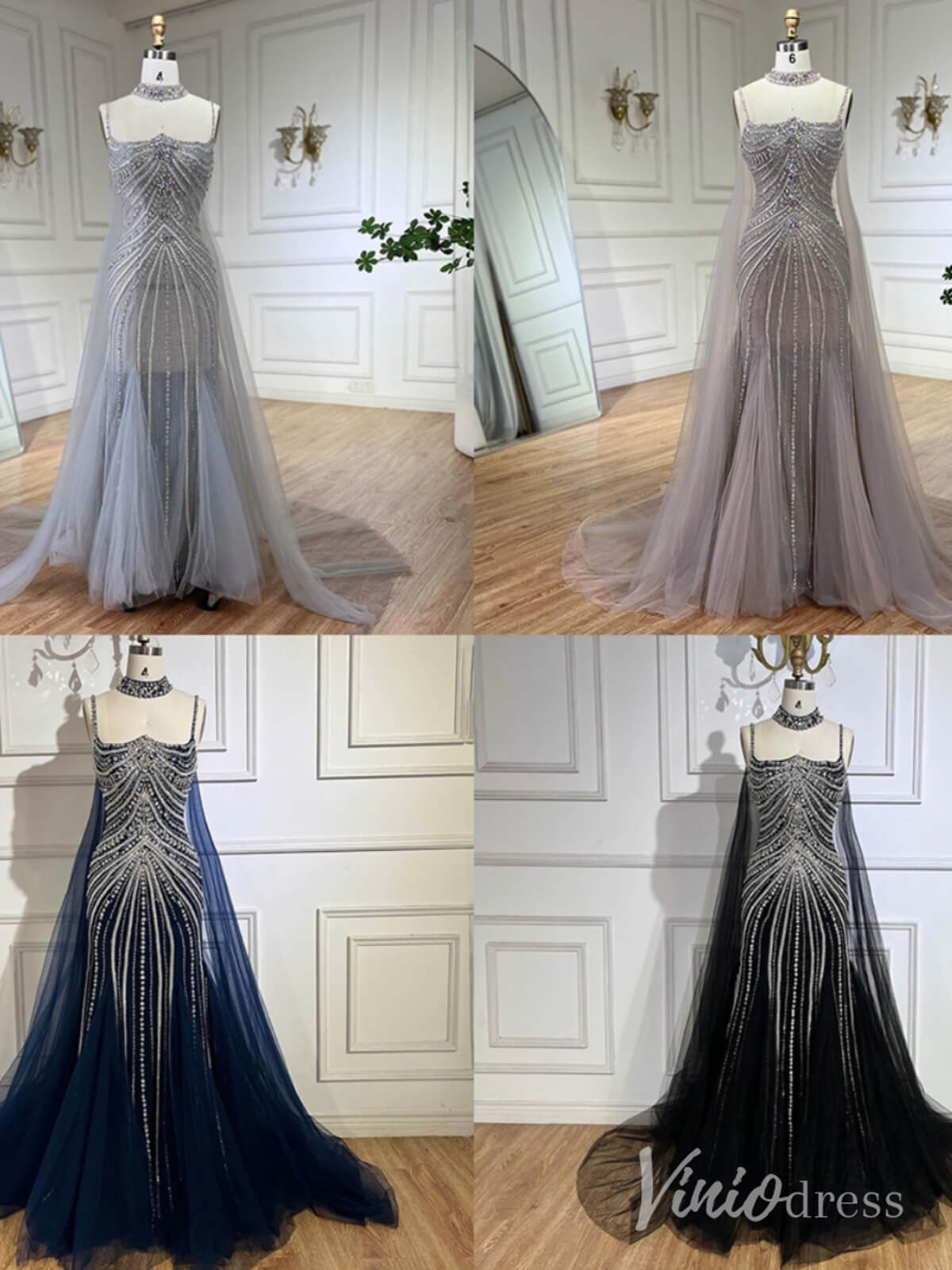 Beaded Mermaid Cape Sleeve Prom Dresses Spaghetti Strap Pageant Dress AD1250-prom dresses-Viniodress-Dusty Blue-US 2-Viniodress