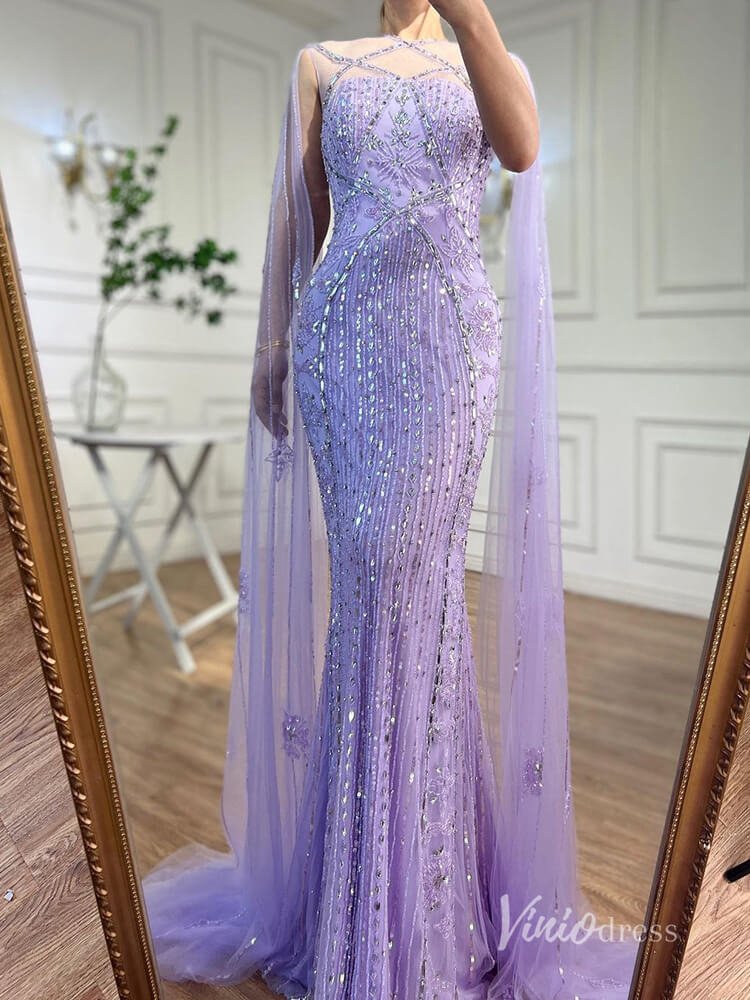 Beaded Mermaid Evening Dresses Extra Long Sleeve Pageant Dress AD1127-Evening Dresses 2025 -Viniodress-Blue-US 2-