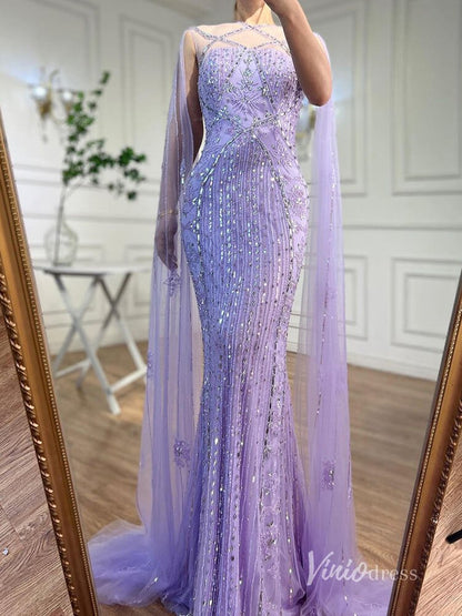 Beaded Mermaid Evening Dresses Extra Long Sleeve Pageant Dress AD1127-Evening Dresses 2025 -Viniodress-Blue-US 2-
