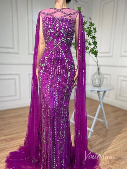 Beaded Mermaid Evening Dresses Extra Long Sleeve Pageant Dress AD1127-Evening Dresses 2025 -Viniodress-Blue-US 2-