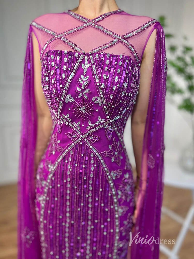 Beaded Mermaid Evening Dresses Extra Long Sleeve Pageant Dress AD1127-Evening Dresses 2025 -Viniodress-Blue-US 2-