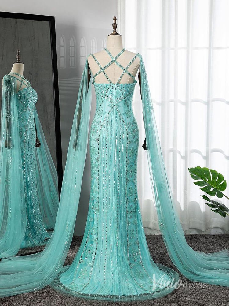 Beaded Mermaid Evening Dresses Extra Long Sleeve Pageant Dress AD1127-Evening Dresses 2025 -Viniodress-Blue-US 2-