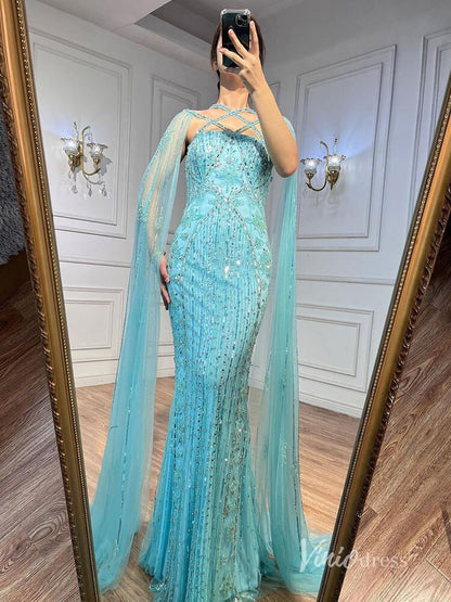 Beaded Mermaid Evening Dresses Extra Long Sleeve Pageant Dress AD1127-Evening Dresses 2025 -Viniodress-Blue-US 2-