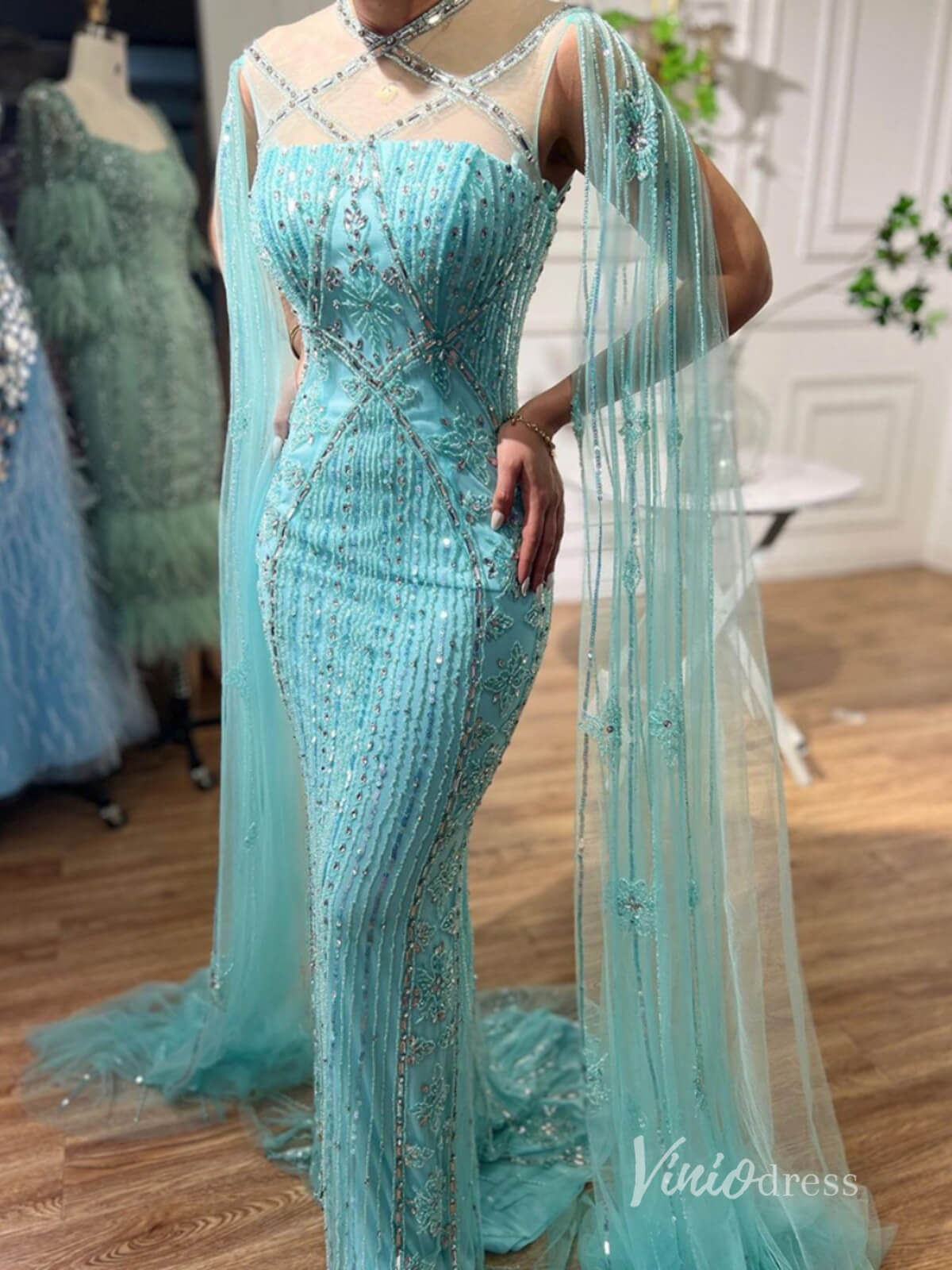 Beaded Mermaid Evening Dresses Extra Long Sleeve Pageant Dress AD1127-Evening Dresses 2025 -Viniodress-Blue-US 2-
