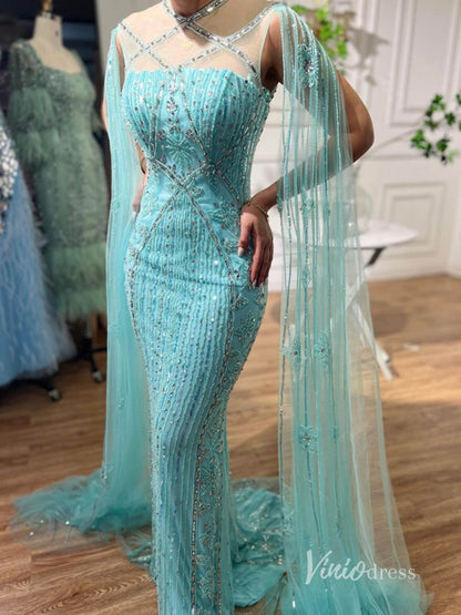Beaded Mermaid Evening Dresses Extra Long Sleeve Pageant Dress AD1127-Evening Dresses 2025 -Viniodress-Blue-US 2-