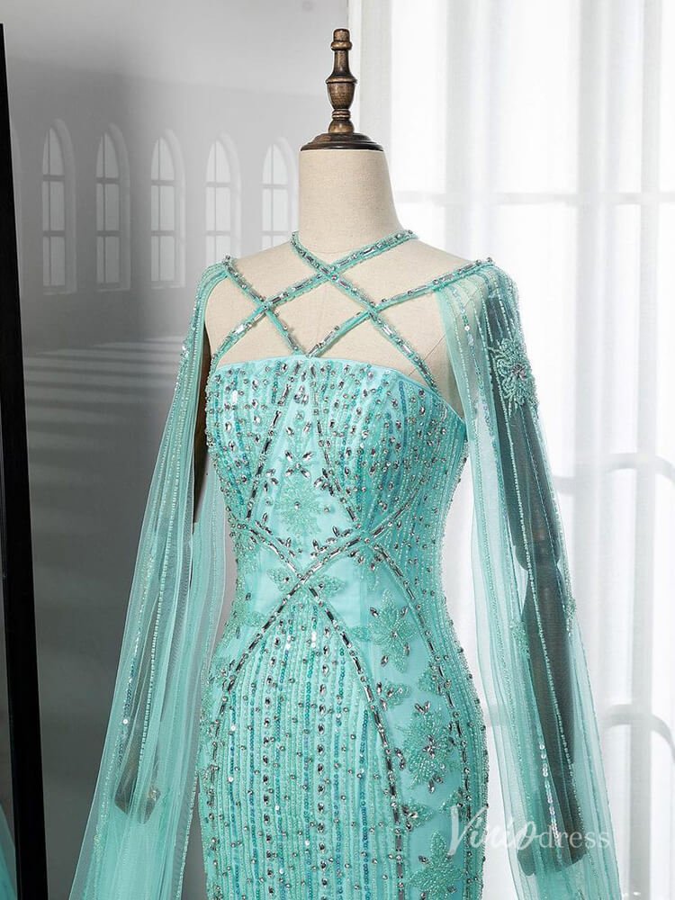 Beaded Mermaid Evening Dresses Extra Long Sleeve Pageant Dress AD1127-Evening Dresses 2025 -Viniodress-Blue-US 2-