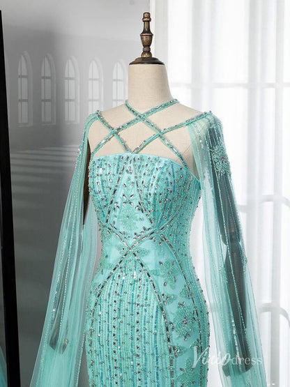 Beaded Mermaid Evening Dresses Extra Long Sleeve Pageant Dress AD1127-Evening Dresses 2025 -Viniodress-Blue-US 2-