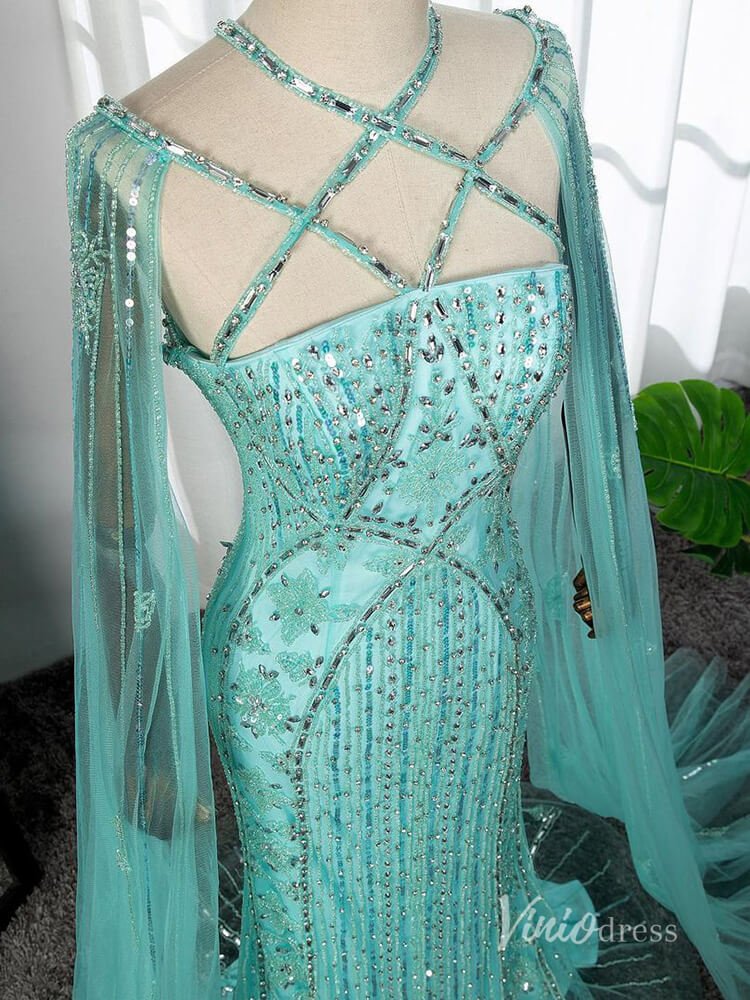Beaded Mermaid Evening Dresses Extra Long Sleeve Pageant Dress AD1127-Evening Dresses 2025 -Viniodress-Blue-US 2-