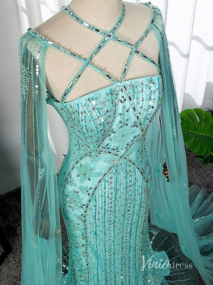 Beaded Mermaid Evening Dresses Extra Long Sleeve Pageant Dress AD1127-Evening Dresses 2025 -Viniodress-Blue-US 2-