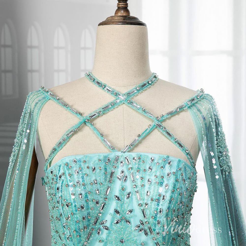 Beaded Mermaid Evening Dresses Extra Long Sleeve Pageant Dress AD1127-Evening Dresses 2025 -Viniodress-Blue-US 2-