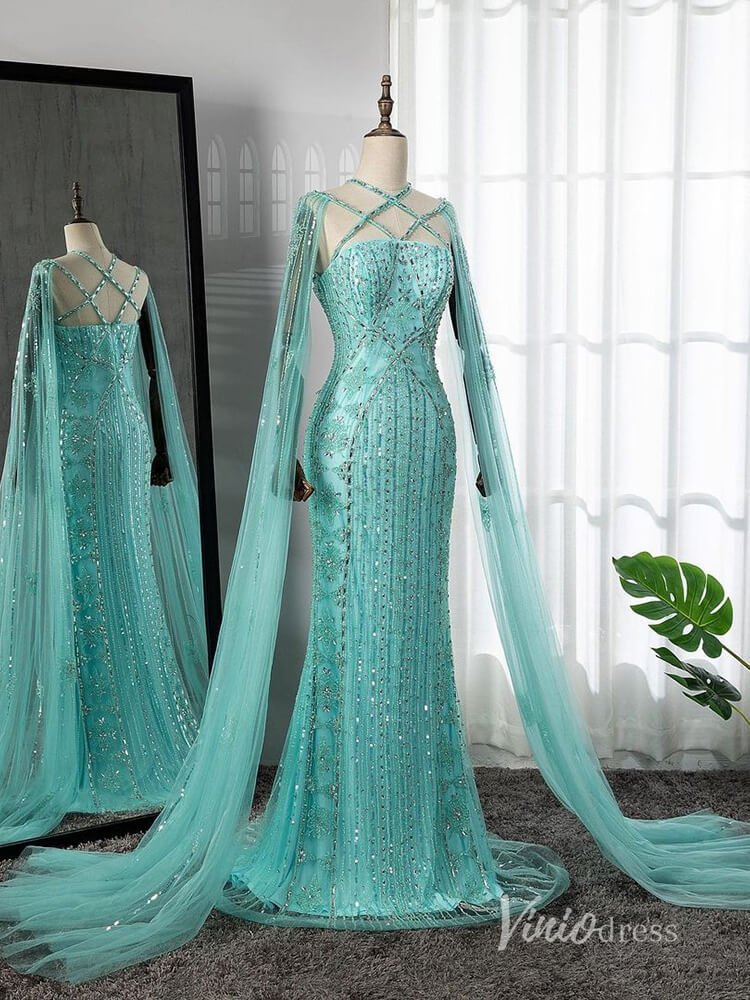 Beaded Mermaid Evening Dresses Extra Long Sleeve Pageant Dress AD1127-Evening Dresses 2025 -Viniodress-Blue-US 2-