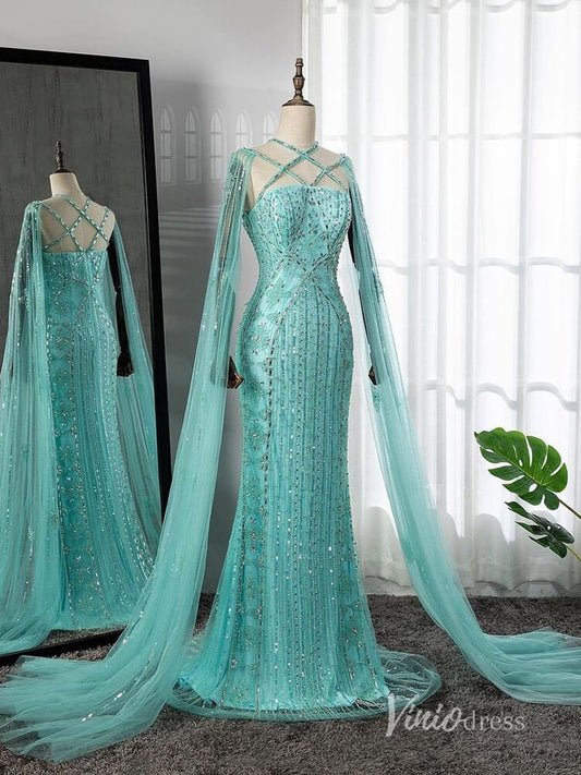 Beaded Mermaid Evening Dresses Extra Long Sleeve Pageant Dress AD1127-Evening Dresses 2025 -Viniodress-Blue-US 2-