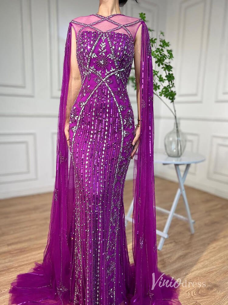 Beaded Mermaid Evening Dresses Extra Long Sleeve Pageant Dress AD1127 - ViniodressEvening DressesPurpleUS 2 - Formal Dresses - Ball Gowns