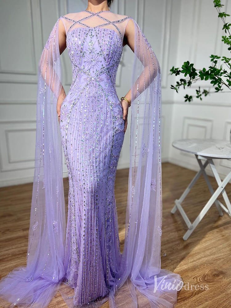 Beaded Mermaid Evening Dresses Extra Long Sleeve Pageant Dress AD1127 - ViniodressEvening DressesLavenderUS 2 - Formal Dresses - Ball Gowns