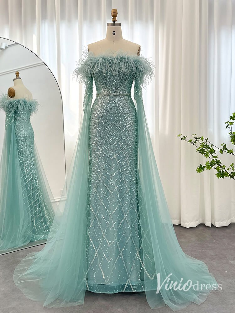 Beaded Mermaid Evening Dresses Extra Long Sleeve Pageant Dress AD1160-Evening Dresses 2025 -Viniodress-Green-US 2-