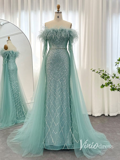 Beaded Mermaid Evening Dresses Extra Long Sleeve Pageant Dress AD1160-Evening Dresses 2025 -Viniodress-Green-US 2-